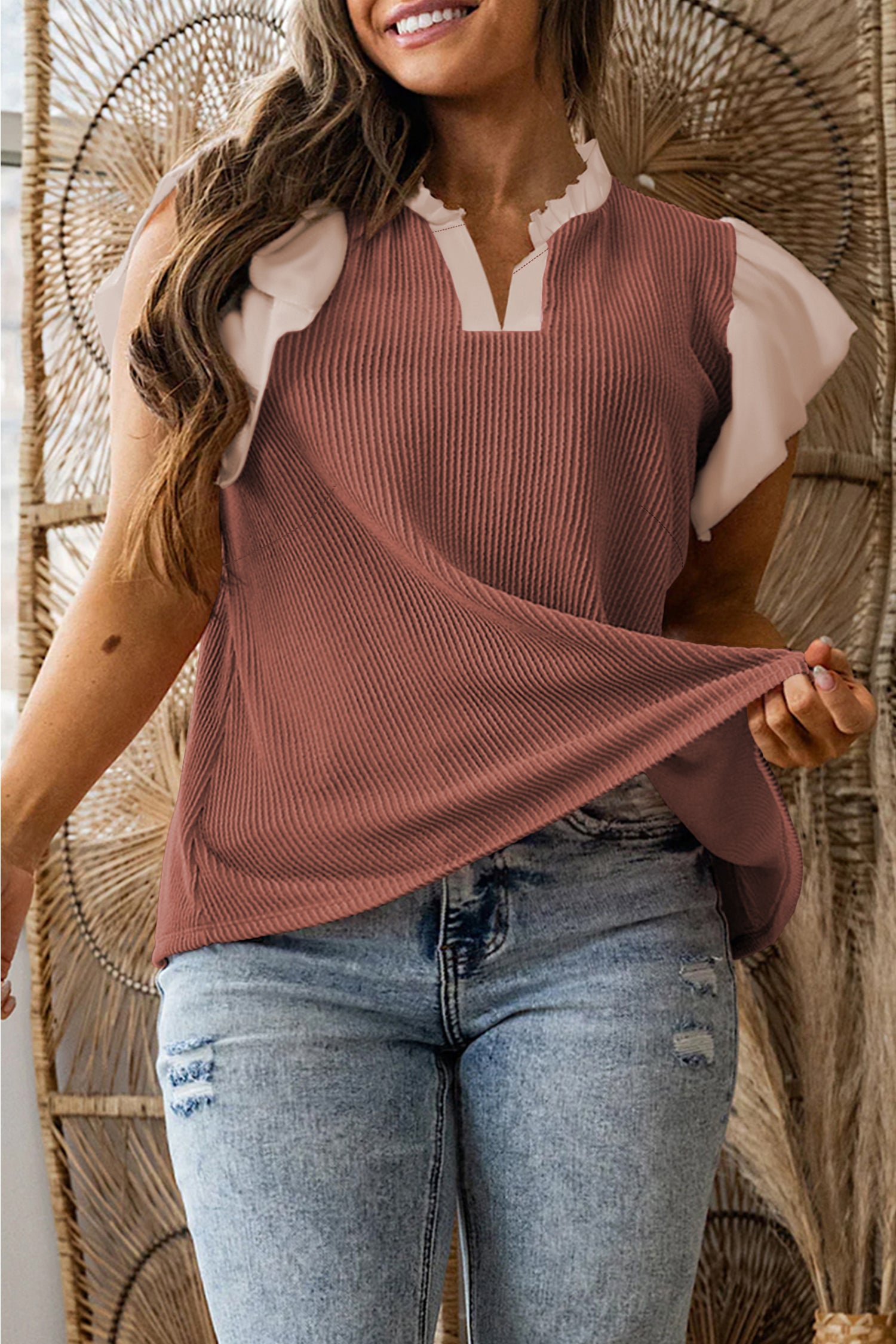 Plus Size Contrast Frilled Neckline Ruffled Short Sleeve Ribbed Textured Blouse