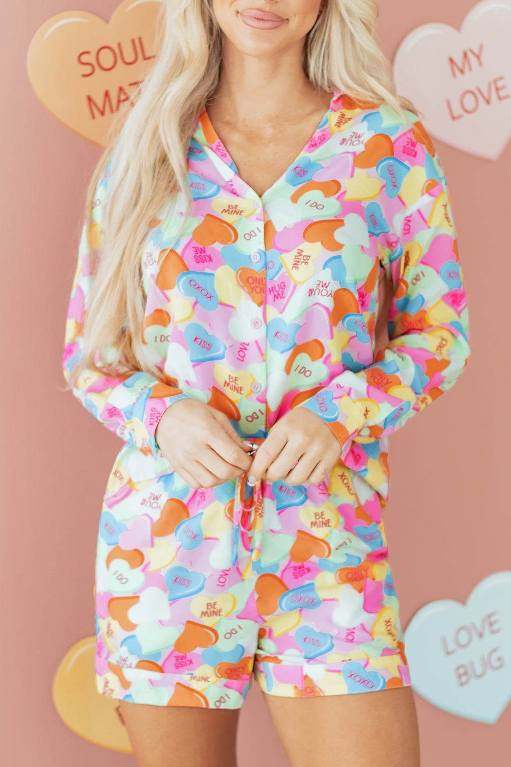 Pink Valentines Candy Heart V Neck Collared Tunic Shirt and Shorts 2pcs Pyjama Set