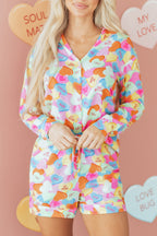 Pink Valentines Candy Heart V Neck Collared Tunic Shirt and Shorts 2pcs Pyjama Set