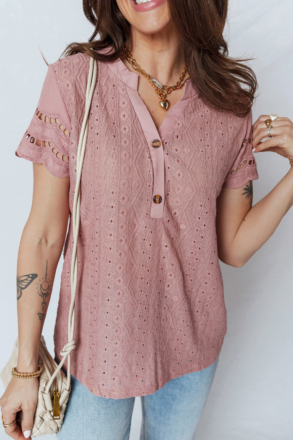 Fuchsia Textured Embroidered Half Buttons Short Sleeve Blouse