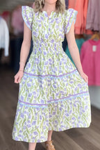 Purple Tulip Floral Print Contrast Trim Midi Dress