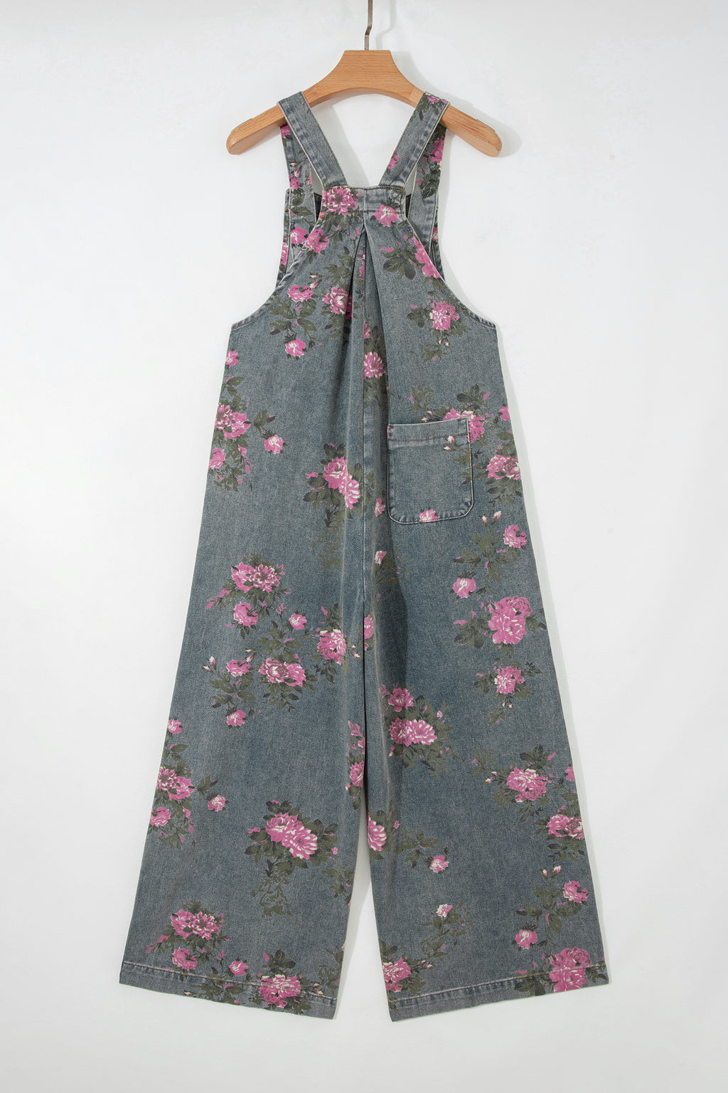 Floral Print Pleated High Waist Wide Leg Denim Jumpsuit