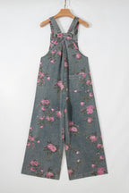 Floral Print Pleated High Waist Wide Leg Denim Jumpsuit