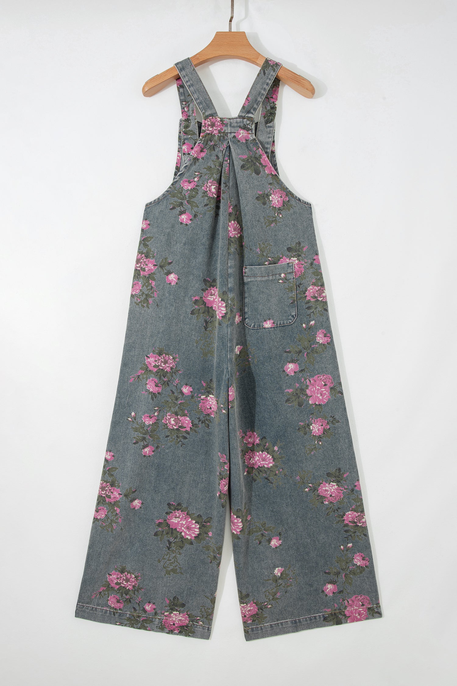 Floral Print Pleated High Waist Wide Leg Denim Jumpsuit