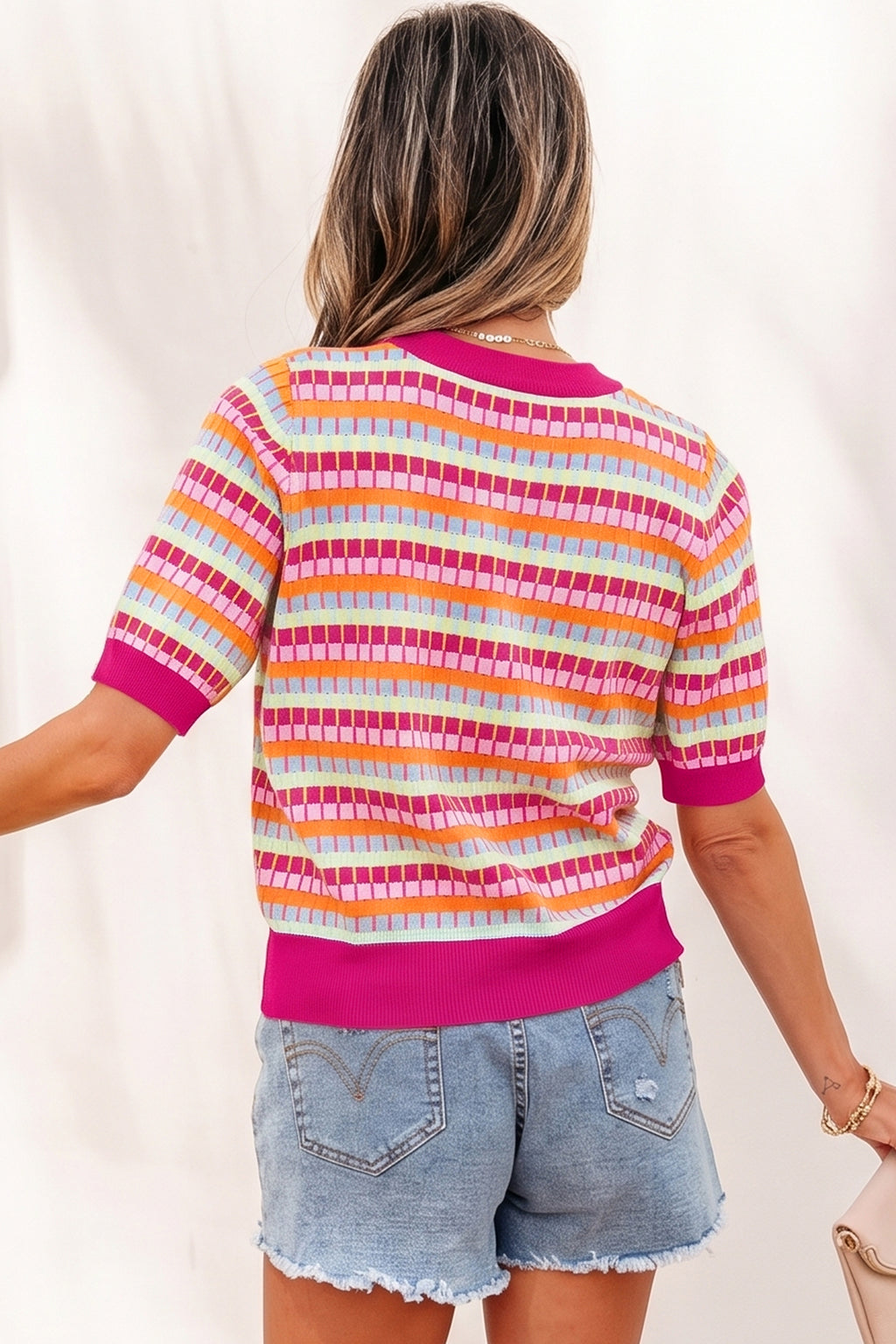 Abstract Striped Knit Short Sleeve Sweater