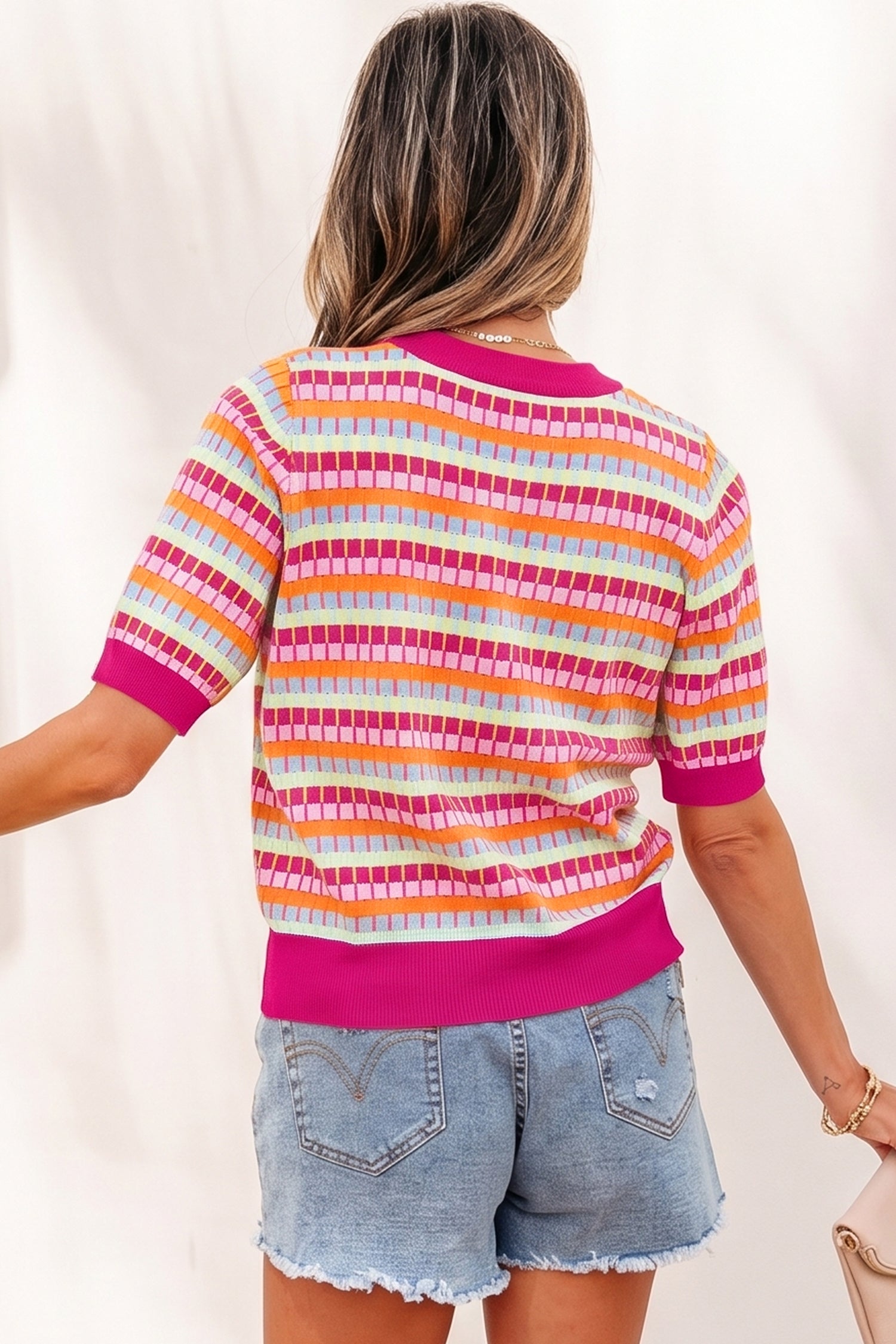 Abstract Striped Knit Short Sleeve Sweater