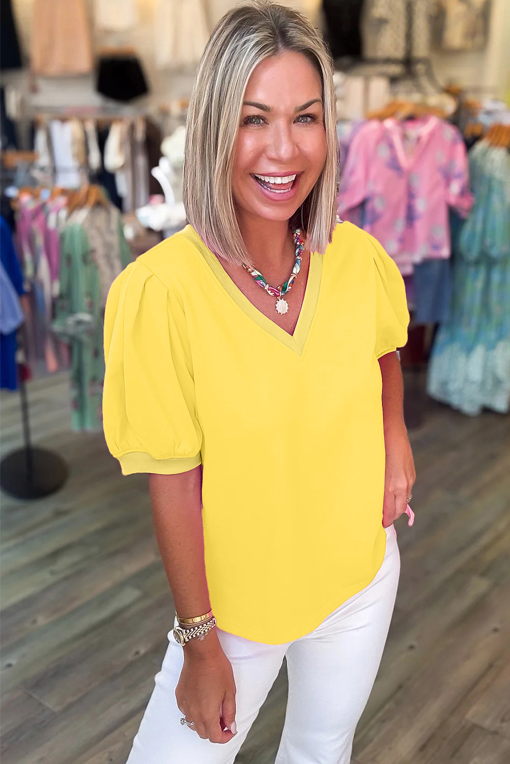 Solid Colour V Neck Short Puff Sleeve Blouse