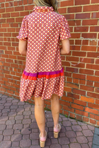 Orange Geometric Floral Print Color Block Trim Button Front Ruffle Hem Dress