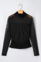 Sheer Mesh Patchwork High Neck Long Sleeve Top