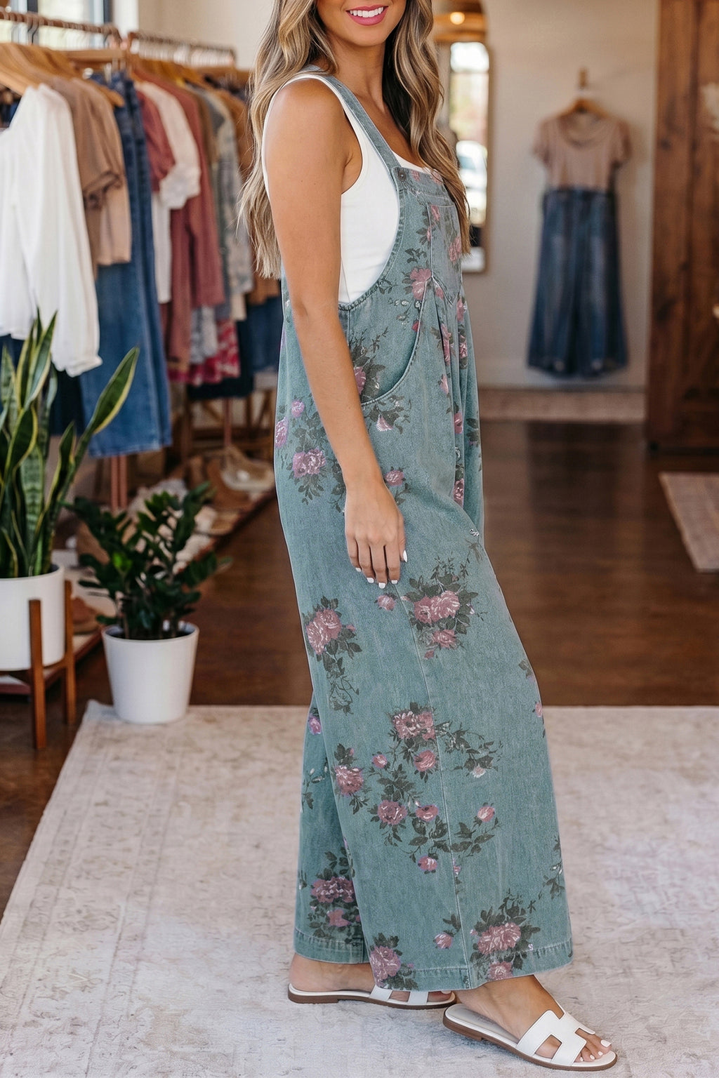 Floral Print Pleated High Waist Wide Leg Denim Jumpsuit