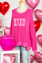 Strawberry Pink Twisted Ribbed Long Sleeve XOXO Bow Print Embroidered Patch Graphic Top
