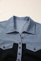 Black Waffle Knit Denim Color Block Patchwork Button Flap Polo Top