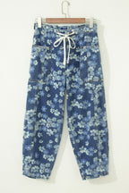 Sky Blue Dainty Floral Printed Drawstring Barrel Jeans