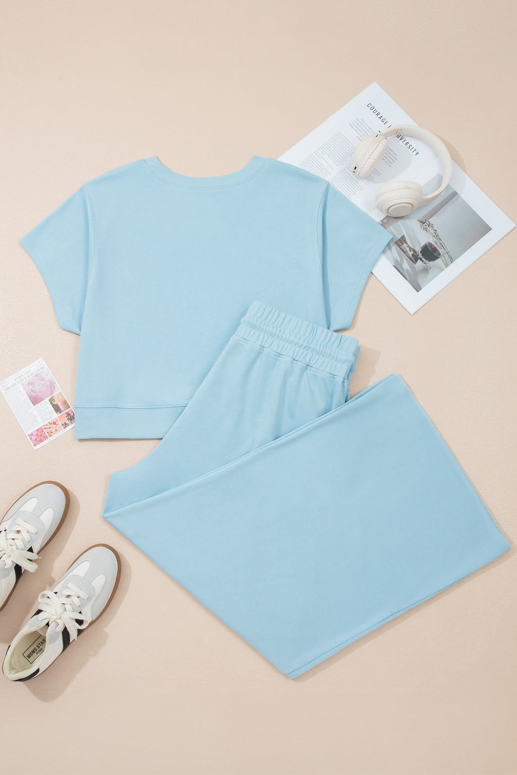 Solid Colour Ribbed Trim Short Sleeve Top Drawstring Loose Pants 2pcs Outfit