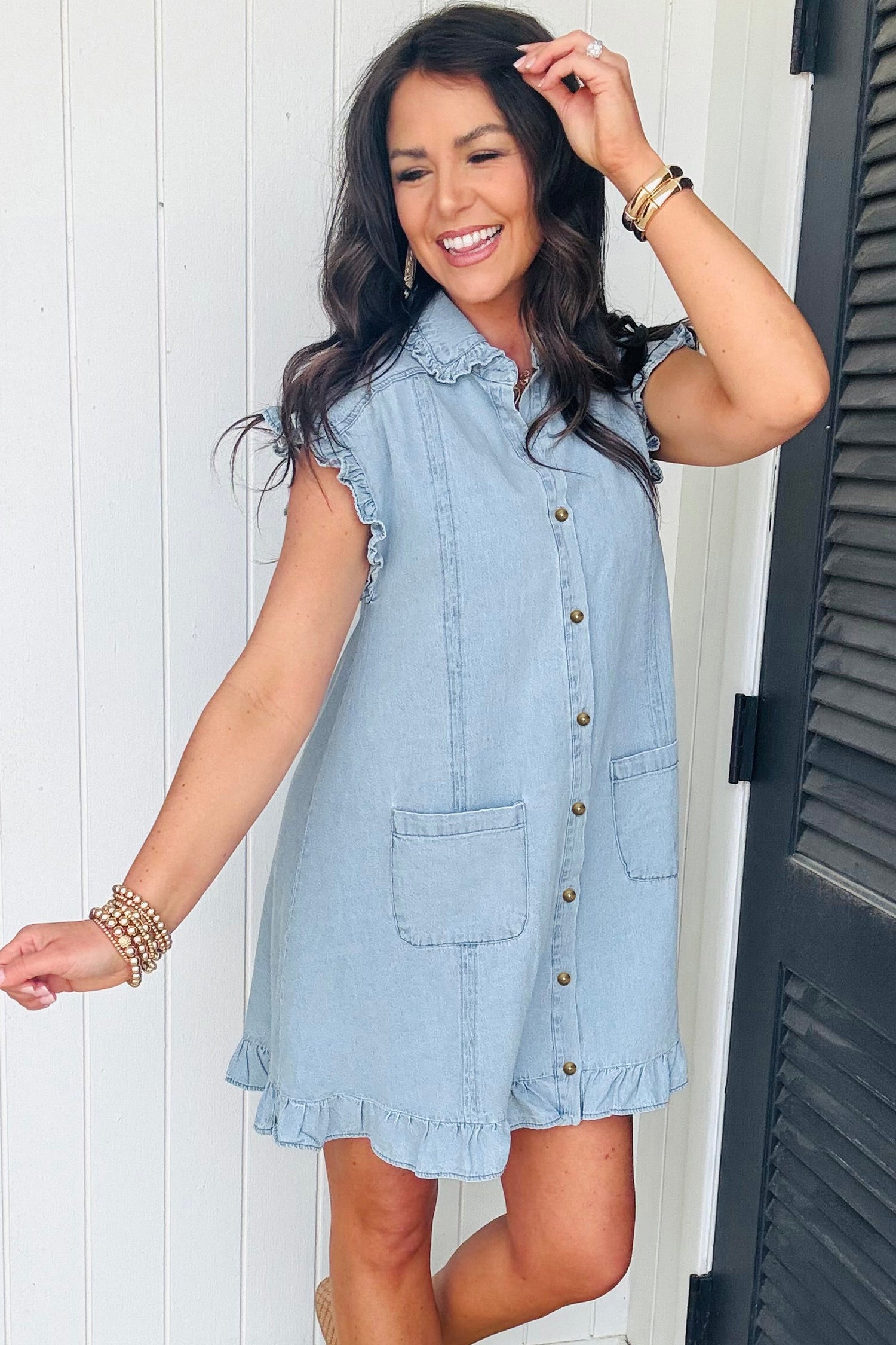 Beau Blue Ruffled Edge Collared Shift Denim Dress with Pockets