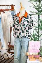 Casual Unique Leopard Print Button Contrast Collared Short Sleeve Blouse