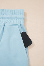 Solid Colour Ribbed Trim Short Sleeve Top Drawstring Loose Pants 2pcs Outfit