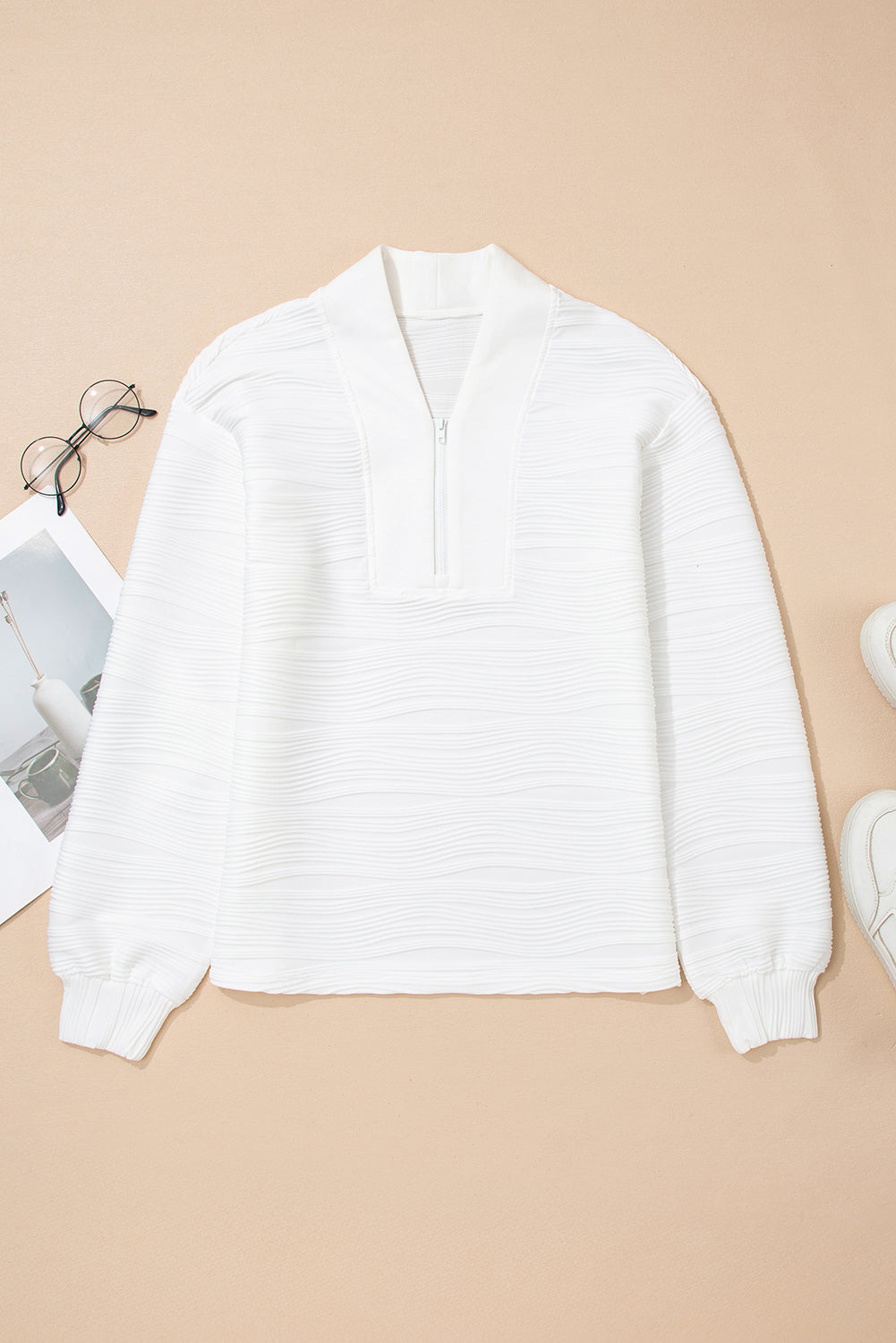 Solid Color Textured Zip V Neck Pullover Sweatshirt
