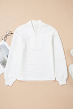 Solid Color Textured Zip V Neck Pullover Sweatshirt
