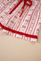 Red Sweet Floral Heart Bow Print Contrast Trim Long Sleeve Shirt Pyjama Short Set