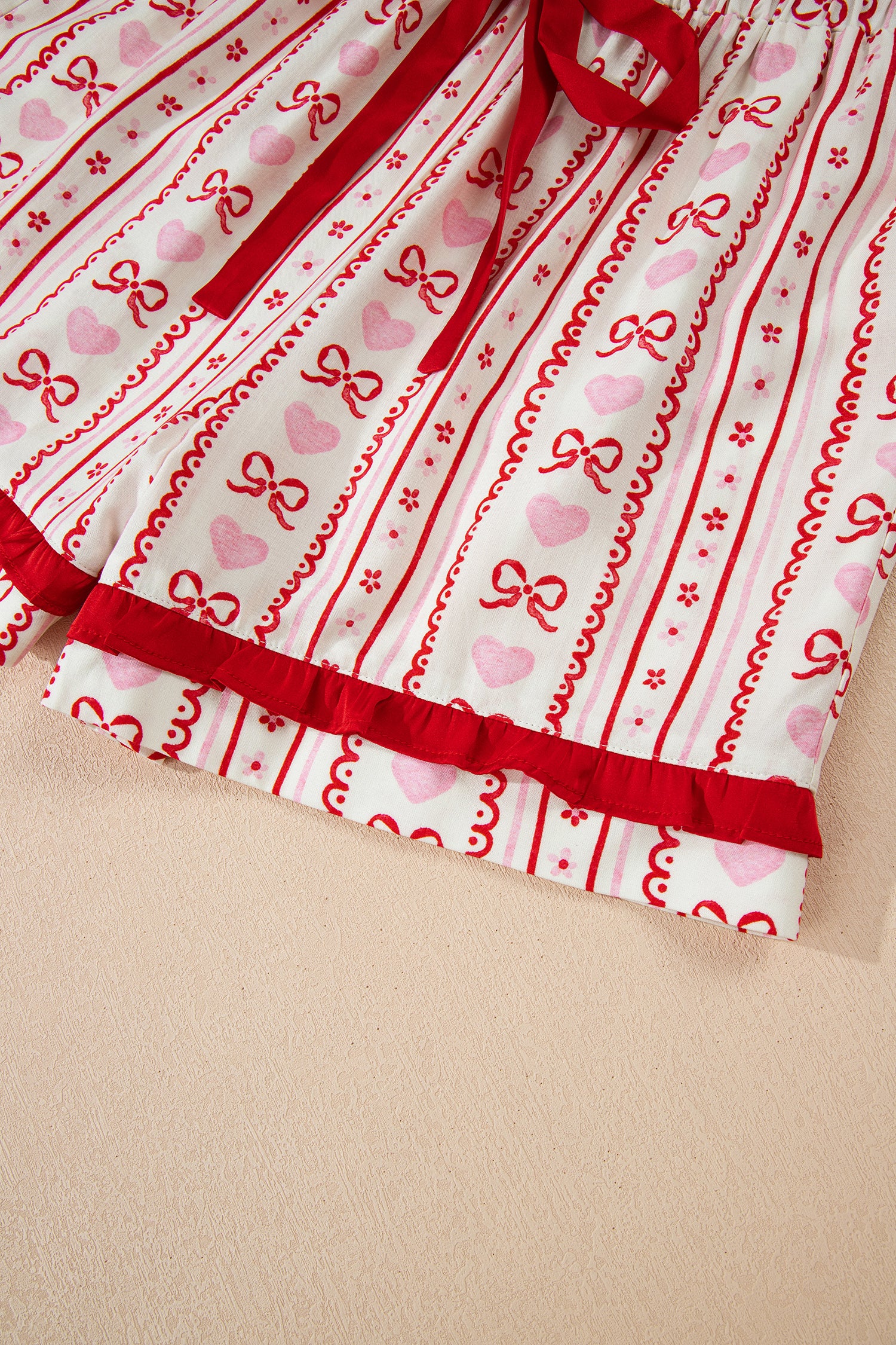 Red Sweet Floral Heart Bow Print Contrast Trim Long Sleeve Shirt Pyjama Short Set