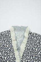 Black Plus Leopard Print Striped Color Block Trim Frilled V Neck Short Sleeve Blouse