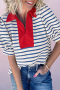 Striped Short Puff Sleeve Colour Block Polo Collar Blouse