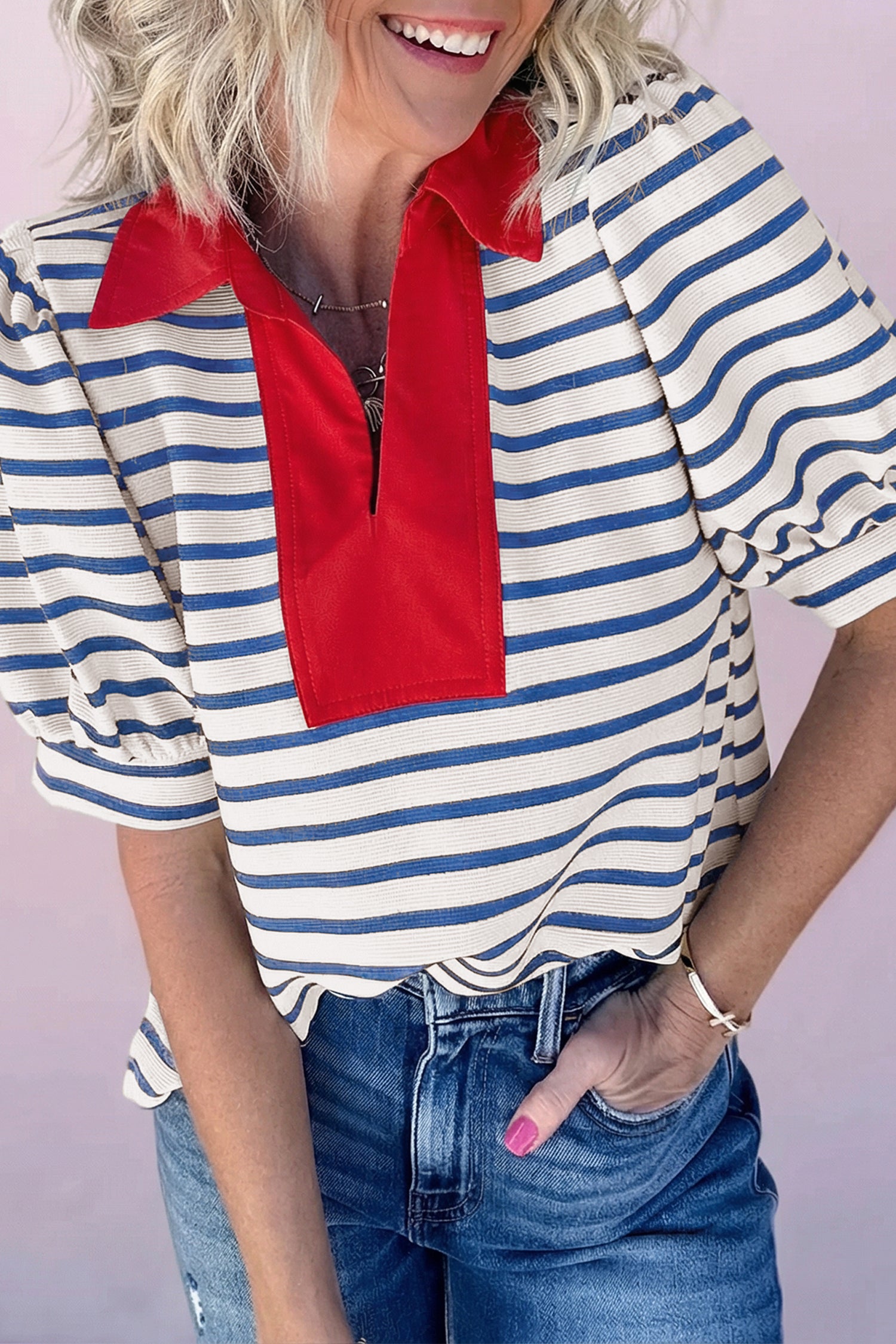 Striped Short Puff Sleeve Colour Block Polo Collar Blouse