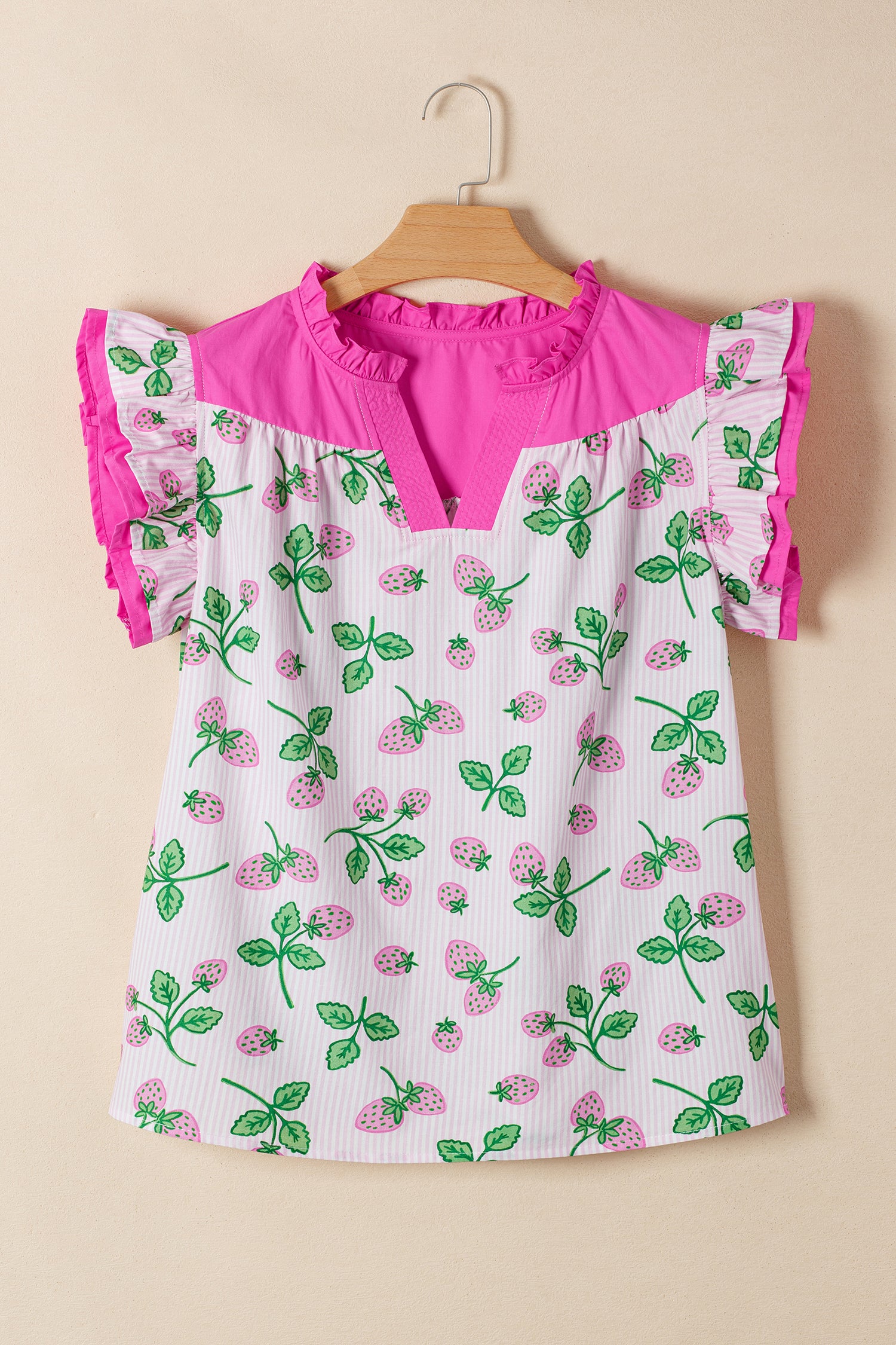 Pink Striped Strawberry Printed Color Block Patchwork V Neck Flutter Sleeve Blouse