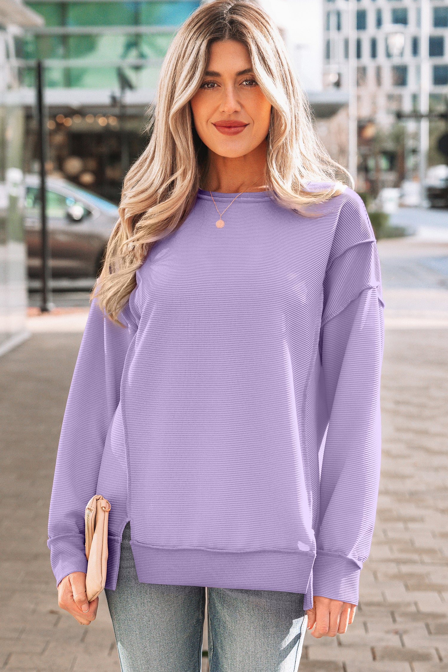 Horizontal Ribbed Exposed Seam Detail Drop Shoulder Baggy Pullover