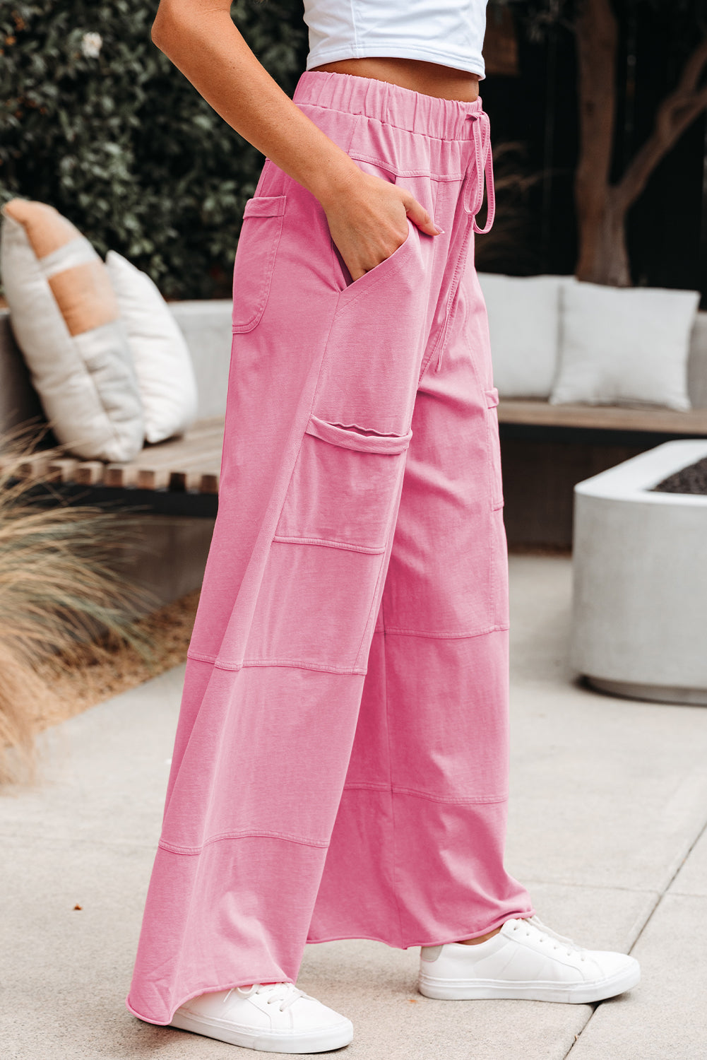 Mineral Wash Exposed Seam Drawstring Elastic Waistband Wide Leg Cargo Pants