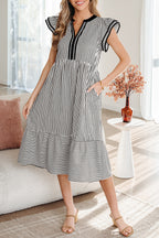 Striped Double Ruffled Short Sleeve Contrast Trim V Neck Midi Dress