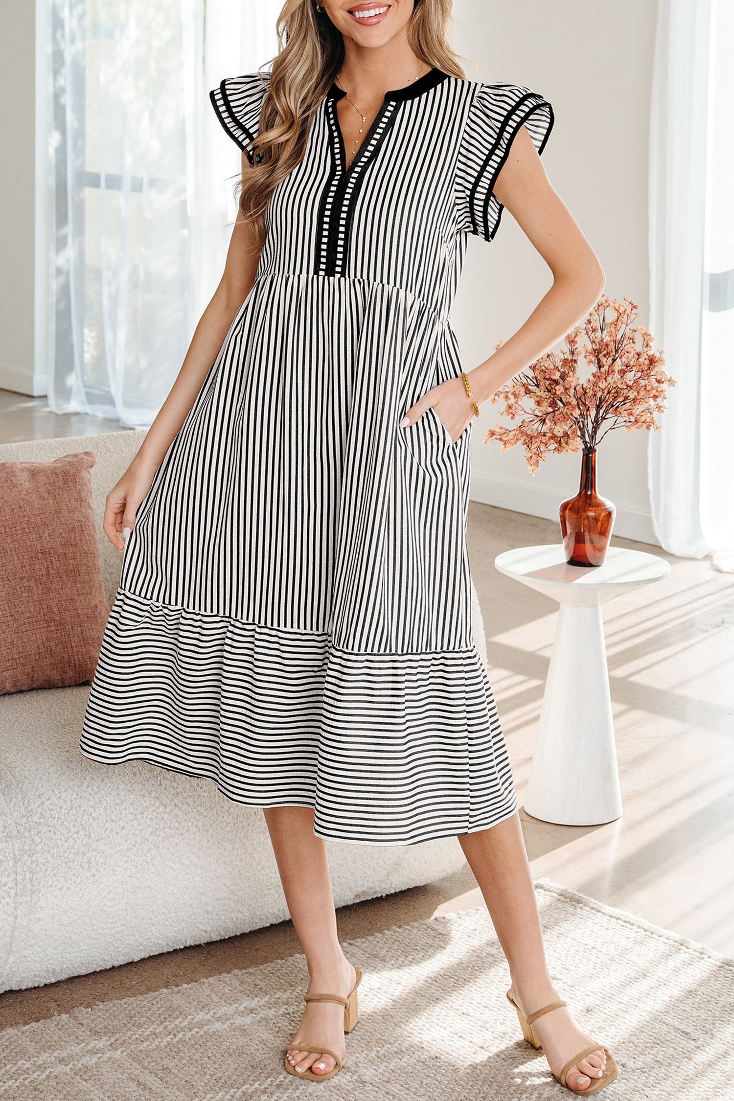 Striped Double Ruffled Short Sleeve Contrast Trim V Neck Midi Dress