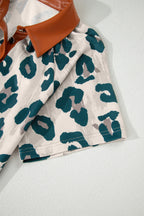 Casual Unique Leopard Print Button Contrast Collared Short Sleeve Blouse