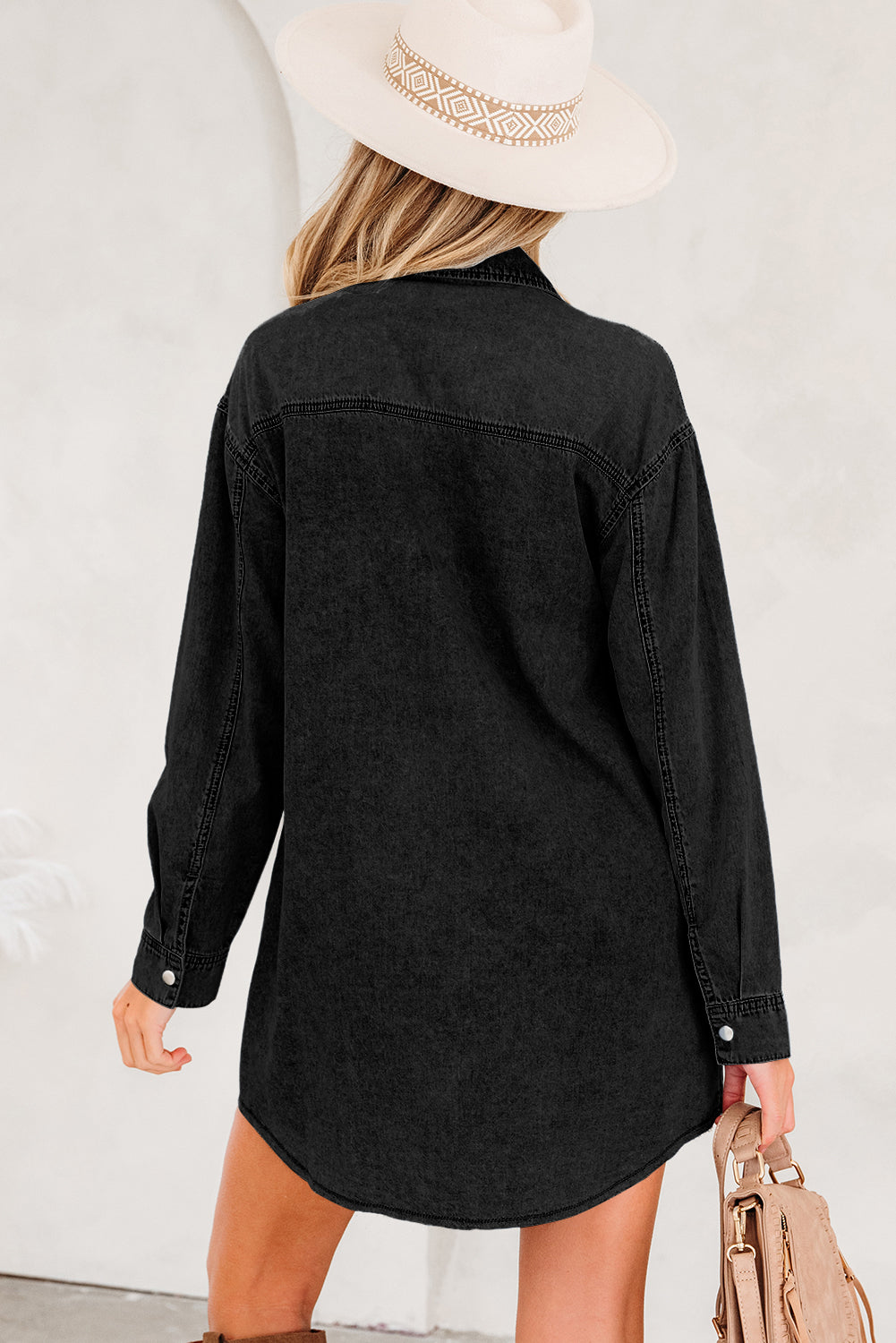 Chest Pocket Raw Hem Denim Loose Shirt Dress