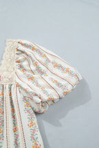 Multicolour Floral Print Contrast Ribbon Bow Lace Trim Square Neck Mini Dress