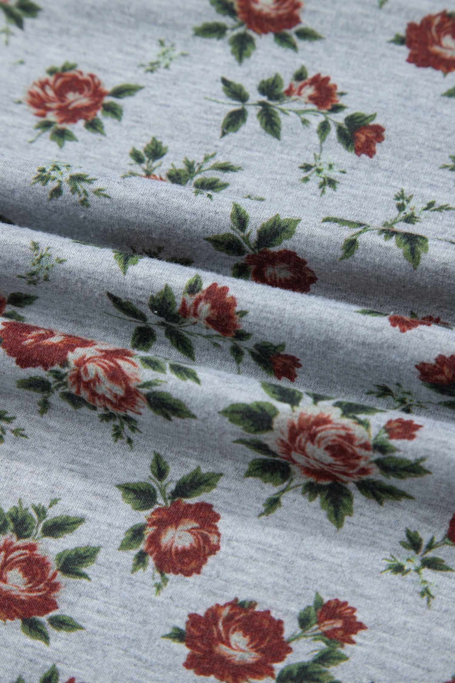 Grey Retro Floral Print Denim Patchwork Plus Size Polo Tee