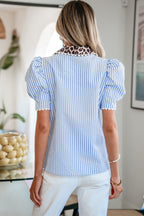Stripe Ricrac Trim Short Puff Sleeve Leopard Patchwork Collar V Neck Blouse