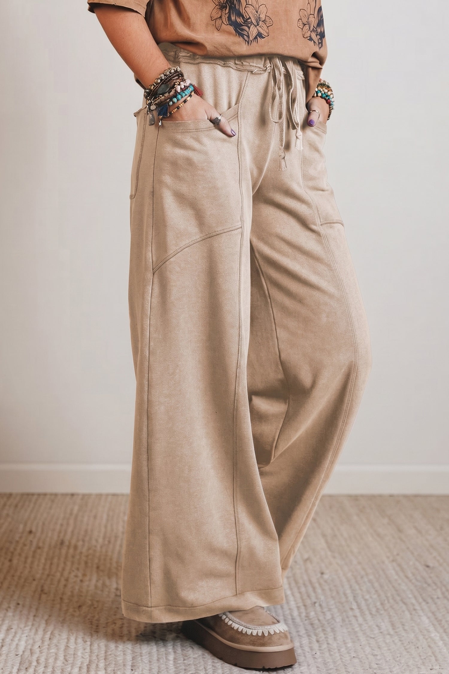Smoke Grey Mineral Wash Drawstring Retro High Waist Wide Leg Western Pants