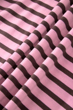 Rose Stripe Striped V-Neck Ribbed Collar Cuff Gathering Puff Sleeve Top