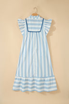 Sky Blue Stripe Subtle Lace Detail V Neck Ruffle Trim Casual Dress