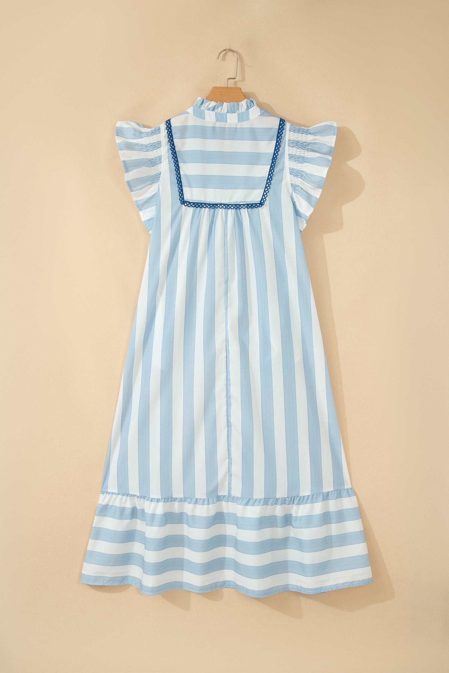 Sky Blue Stripe Subtle Lace Detail V Neck Ruffle Trim Casual Dress
