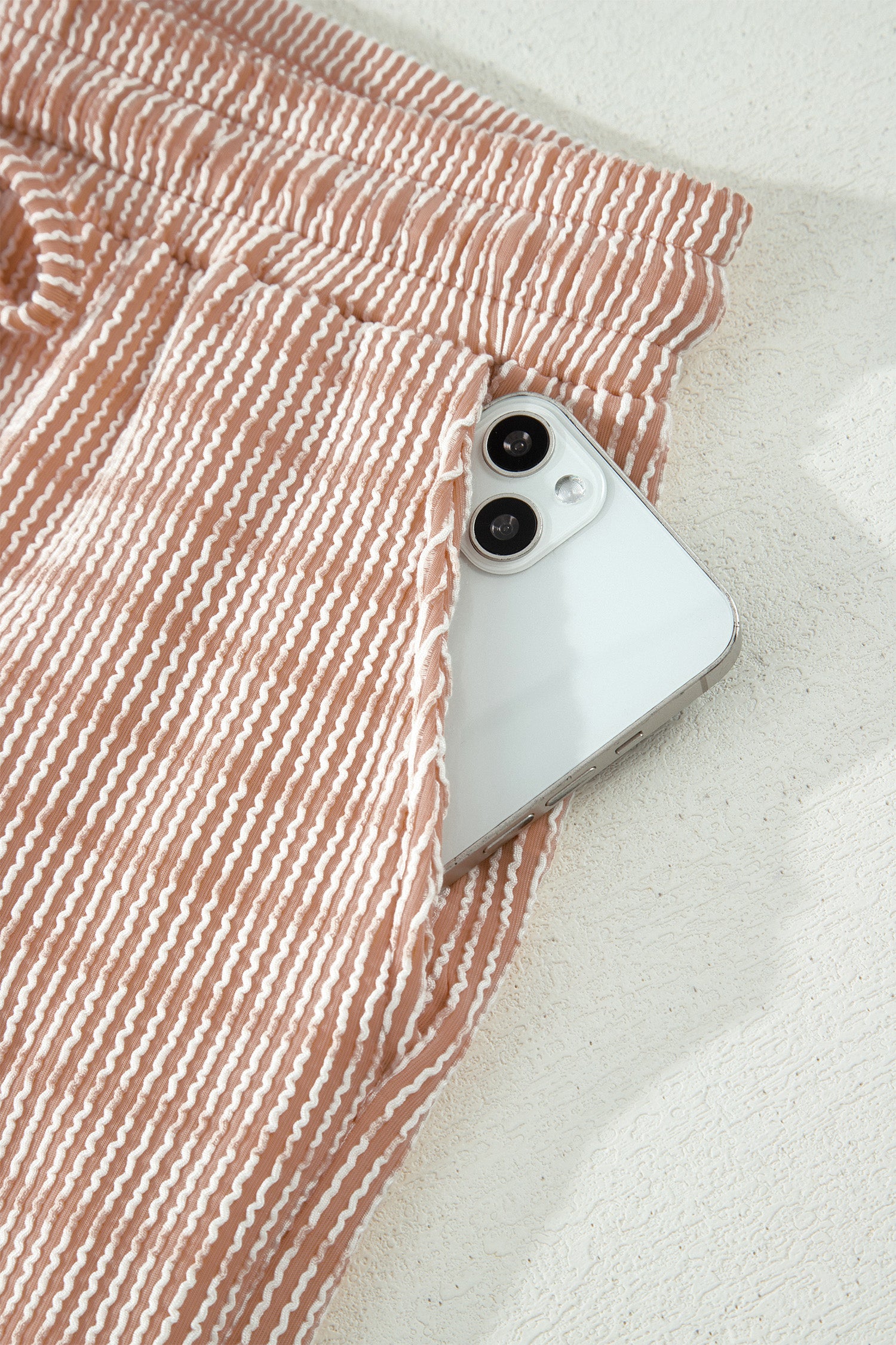 Striped Raised Rib Loose Tee Drawstring Elastic Waist 2pcs Short Set