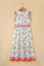 White Floral Print Color Block Trim Belted Sleeveless Maxi Dress