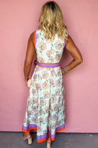 White Floral Print Color Block Trim Belted Sleeveless Maxi Dress
