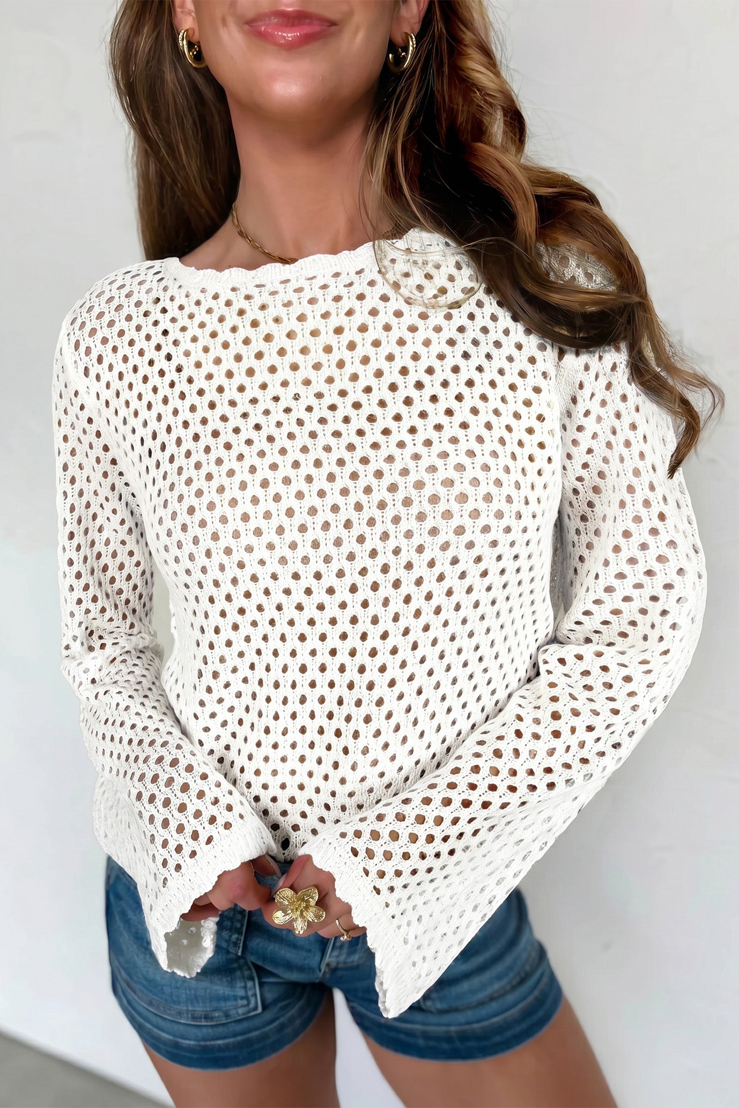 Scalloped Trim Hollow Out Knit Long Sleeve Top
