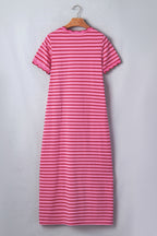 Rose Stripe Striped Short Sleeve Scalloped Trim Side Slit T-Shirt Dress