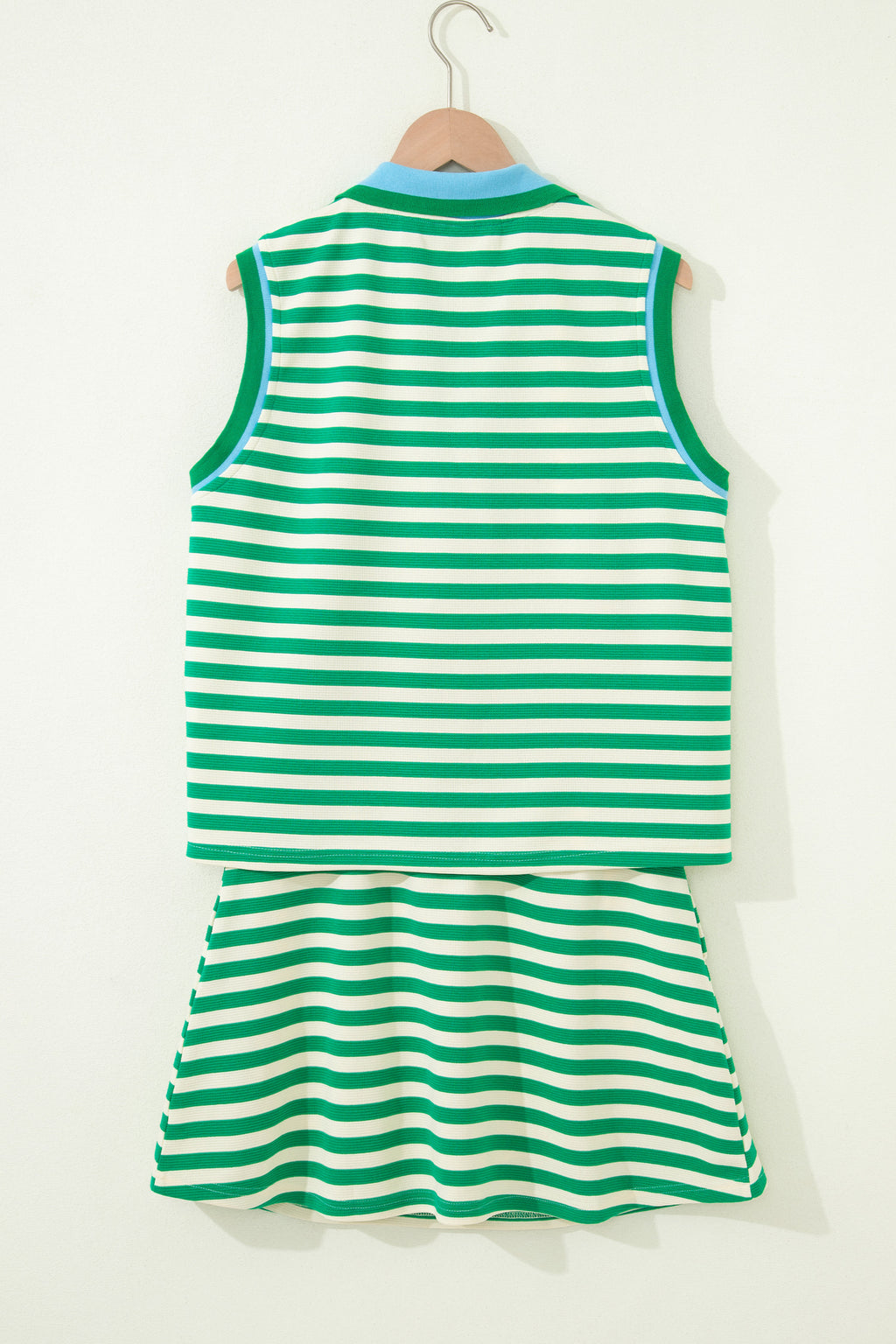 Textured Stripe Print Contrast Trim Zip Collar Sleeveless 2pcs Skort Set