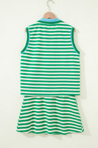 Textured Stripe Print Contrast Trim Zip Collar Sleeveless 2pcs Skort Set