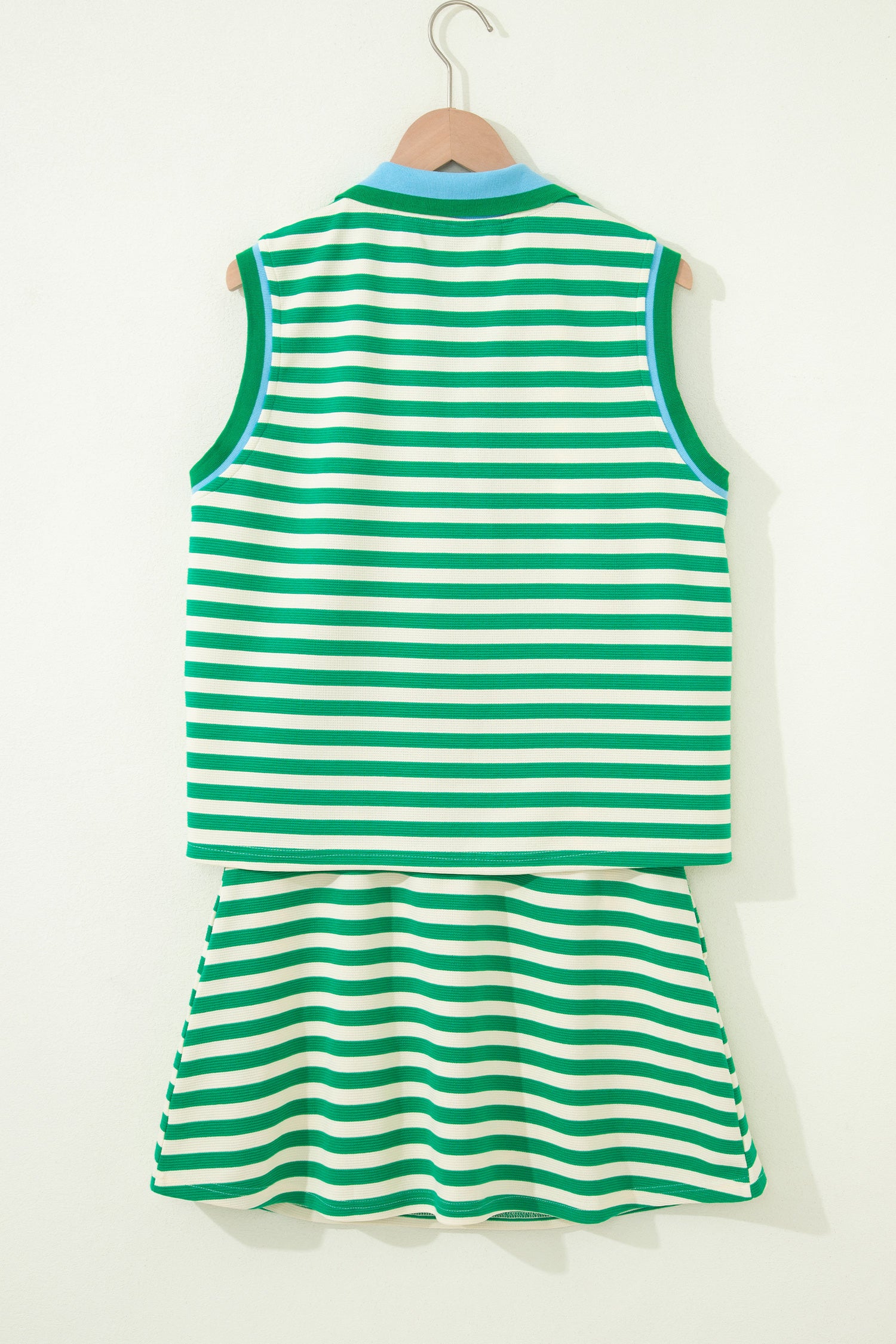 Textured Stripe Print Contrast Trim Zip Collar Sleeveless 2pcs Skort Set